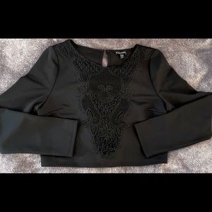 Express Long Sleeve Crop Top With Lace Front Deep V